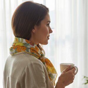 VTG 70s Vena Floral Neck Scarf White Orange Yellow Green #238i